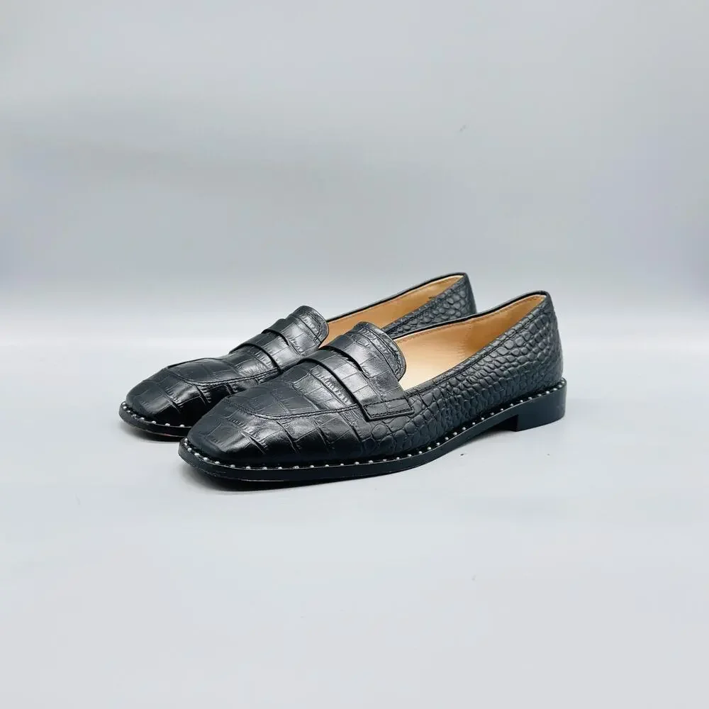 Something Navy Shoes Womens 9 Black Leather Penny Loafer Flats Croc Embossed